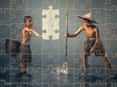 Children Fishing Teamwork Jigsaw — δωρεάν online παιχνίδι